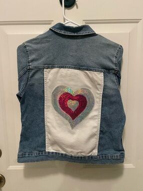Ladies' Denim Vest with Sequin Heart Patch - Blue/Pink